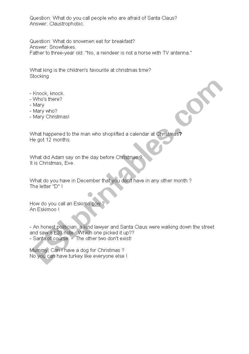 Christmas jokes worksheet