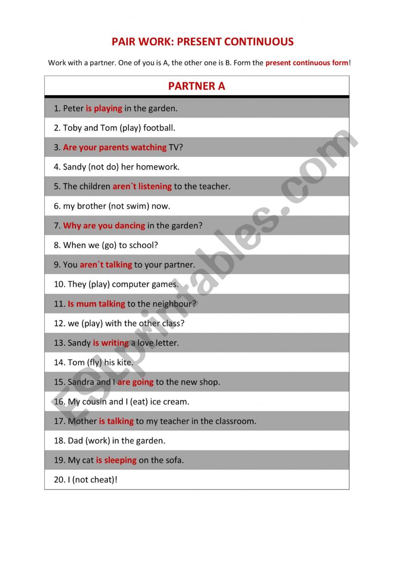 Pairwork Present Continuous worksheet