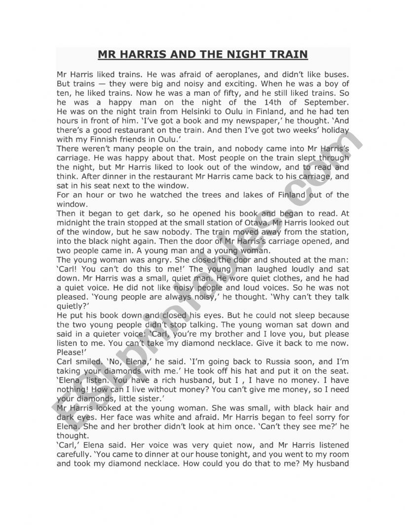 The Night Train short story  worksheet
