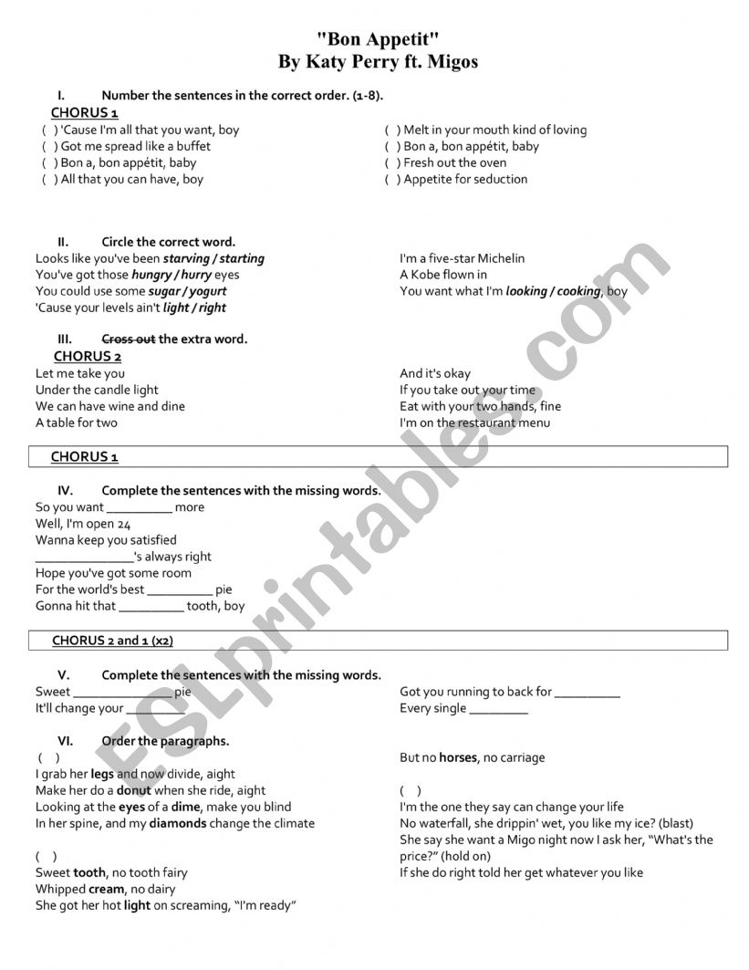 Bon appetite - Katy Perry worksheet