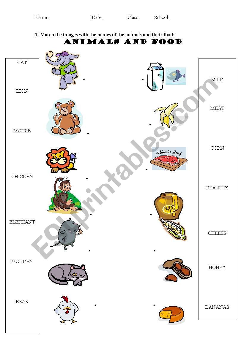 Animals and food worksheet