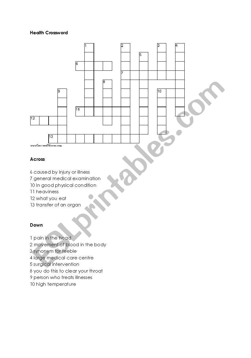 Health crossword worksheet