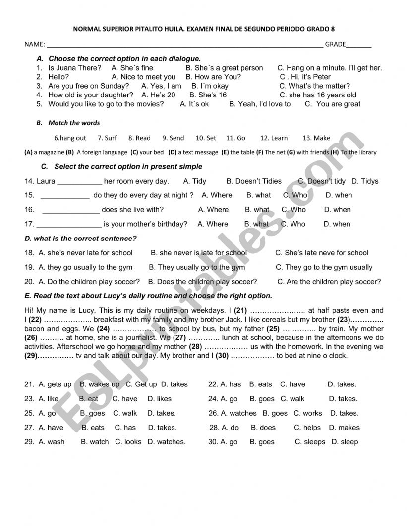 PRESENT SIMPLE TEST  worksheet