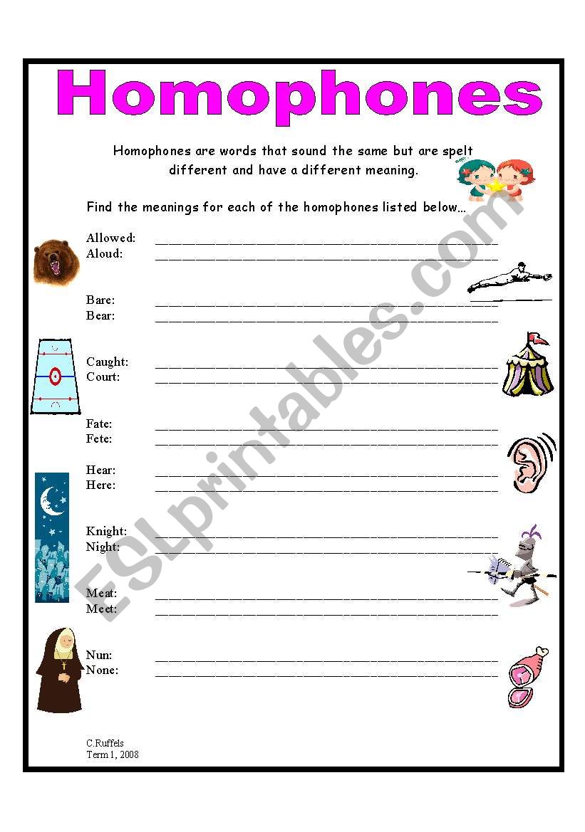 Homophones worksheet