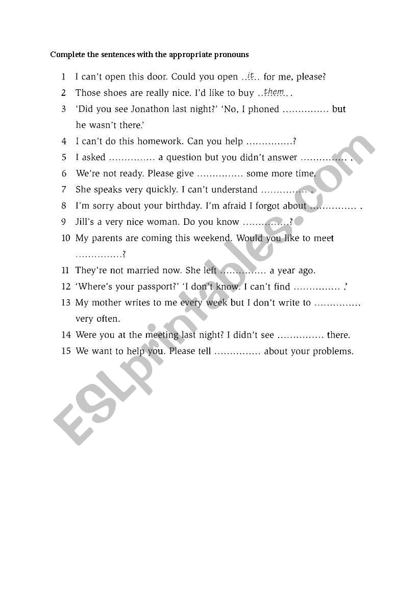 Pronouns worksheet