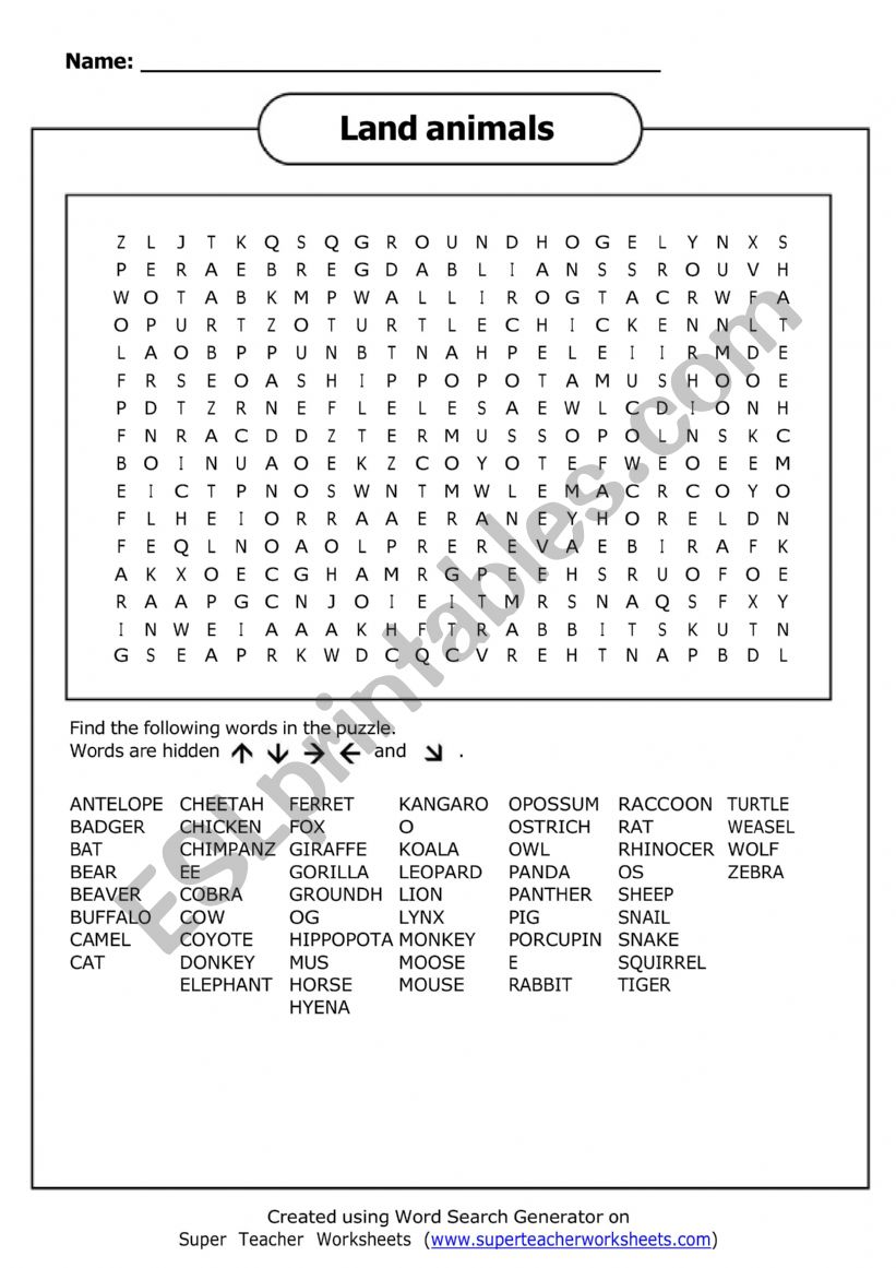 Land Animals - wordsearch worksheet