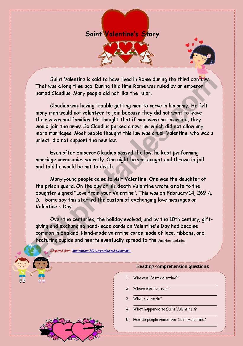 St. Valentines story worksheet