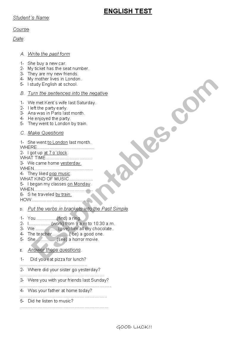 simple past test worksheet