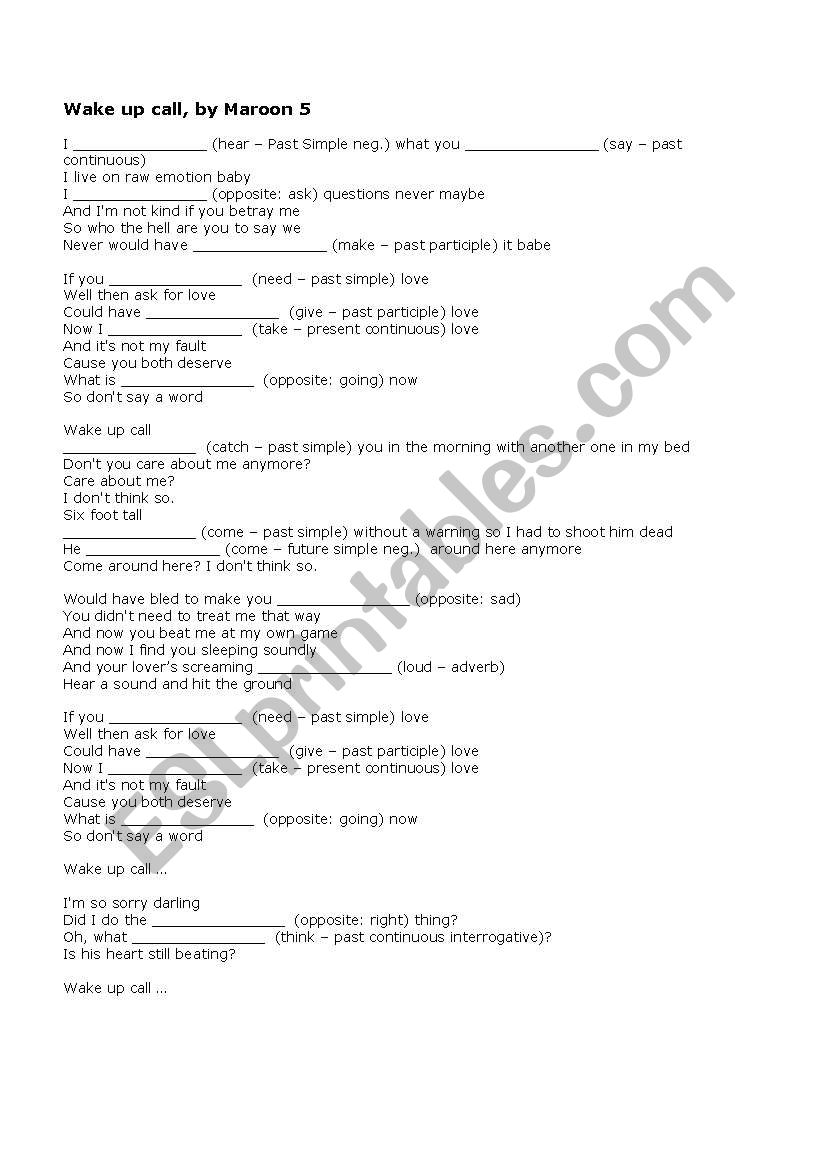 Wake up call, by Maroon 5 worksheet