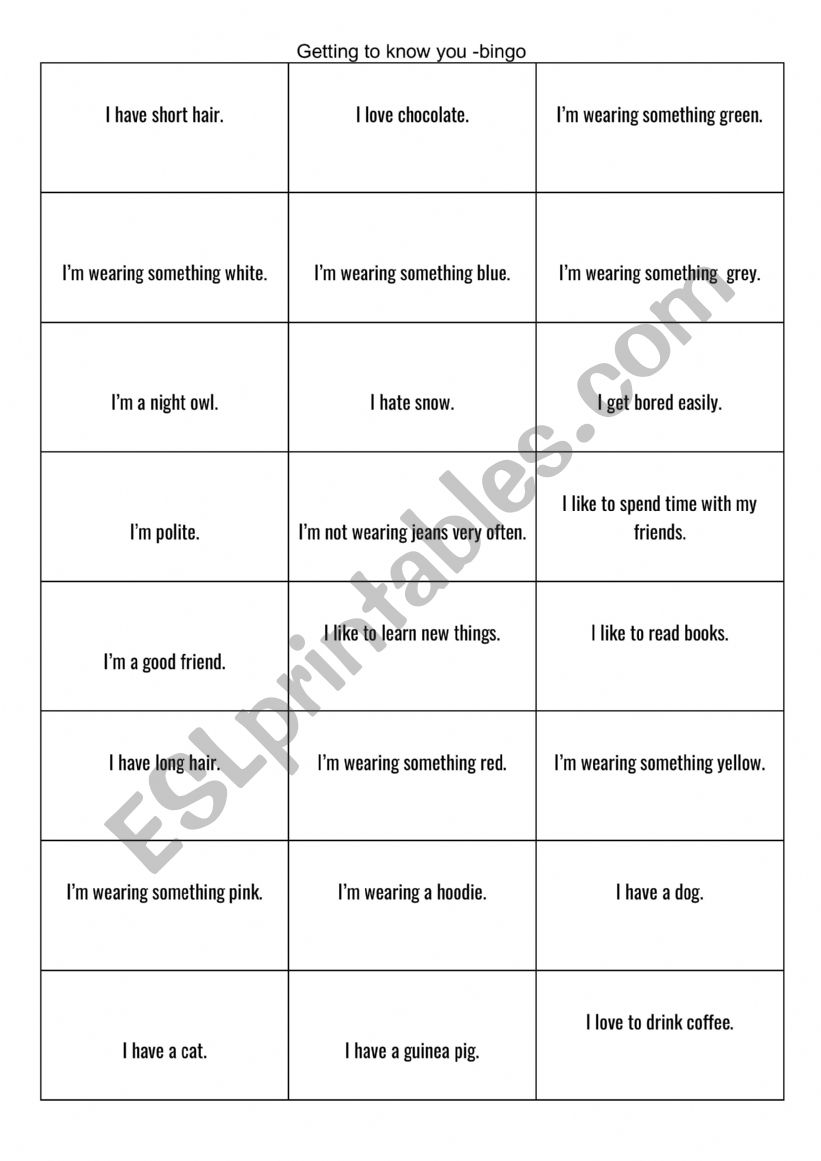 Getting to know you -bingo worksheet