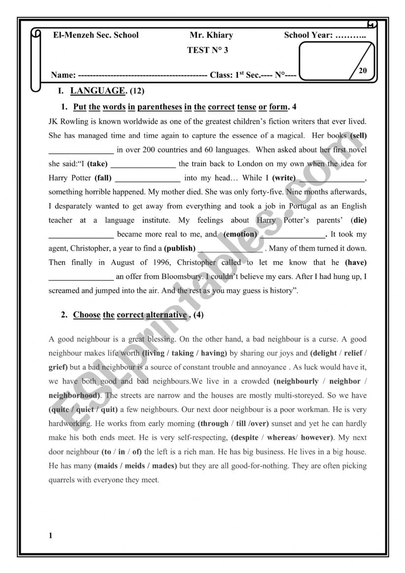 First secondary (Tunisia) Test