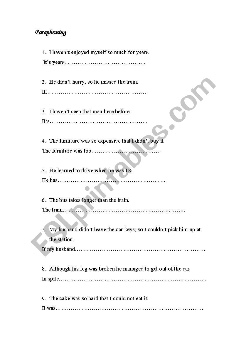 Paraphrasing worksheet