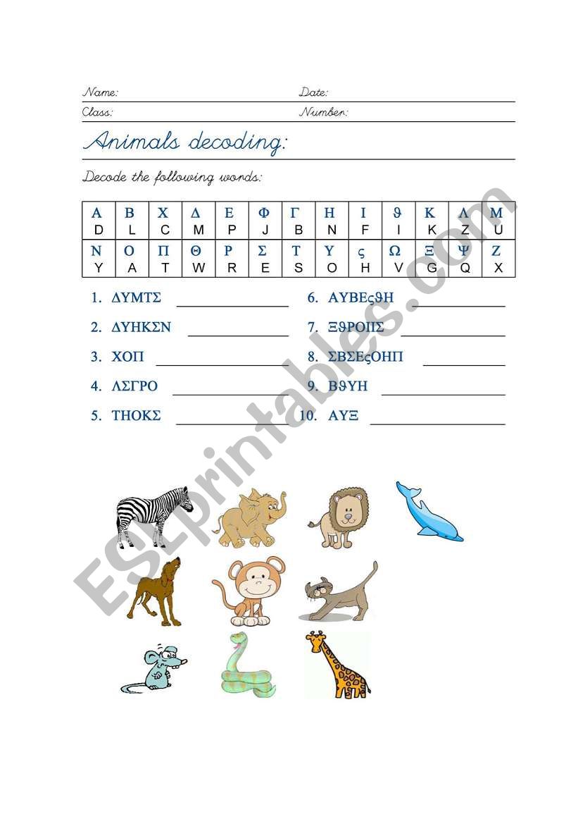 Animals Decoding worksheet