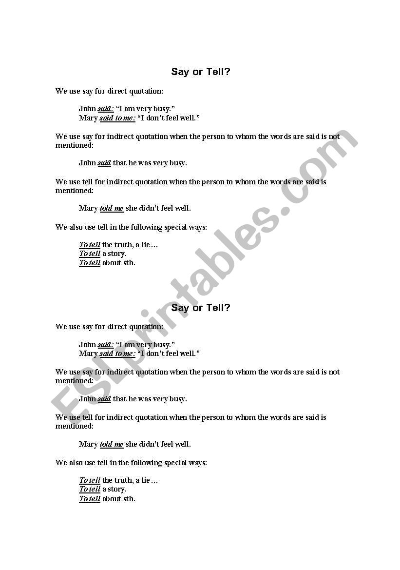 Say or tell? worksheet