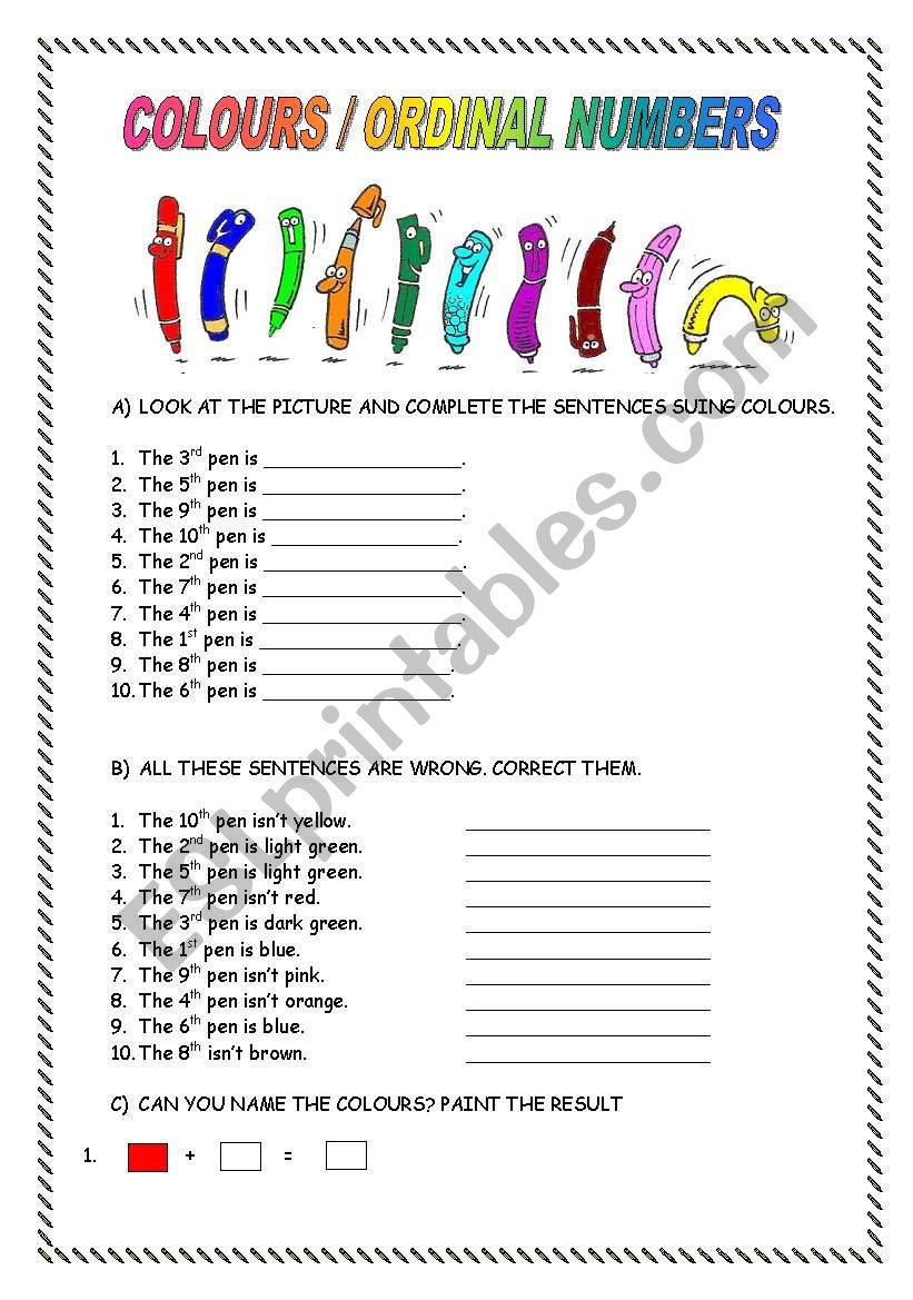 COLOURS/ ORDINAL NUMBERS worksheet