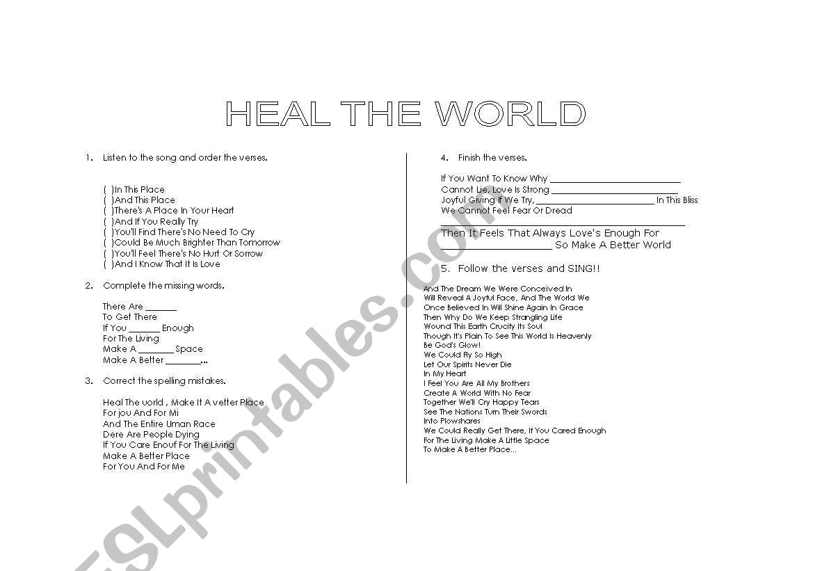 song - heal the world worksheet