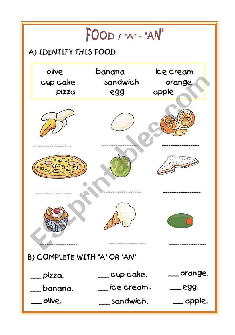 FOOD / INDEFINITE ARTICLE worksheet