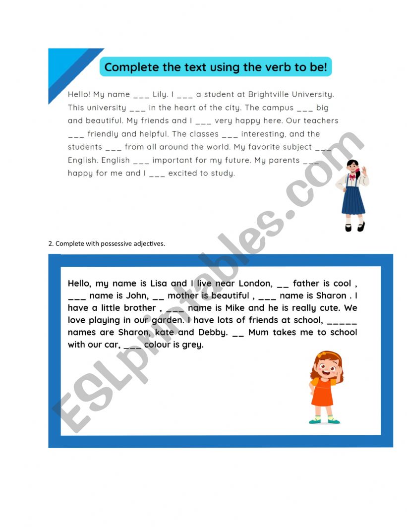VERB TO BE AND POSSESSIVE ADJECTIVES WORKSHEET