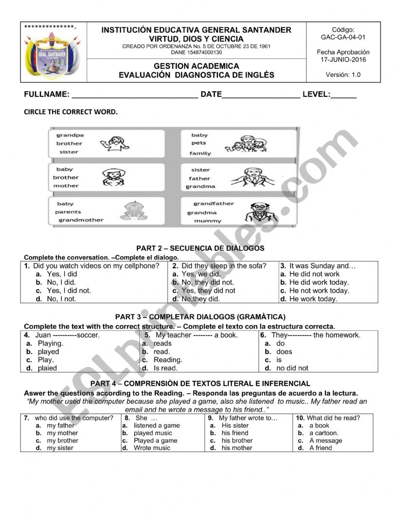 ENGLISH DIAGNOSIS worksheet