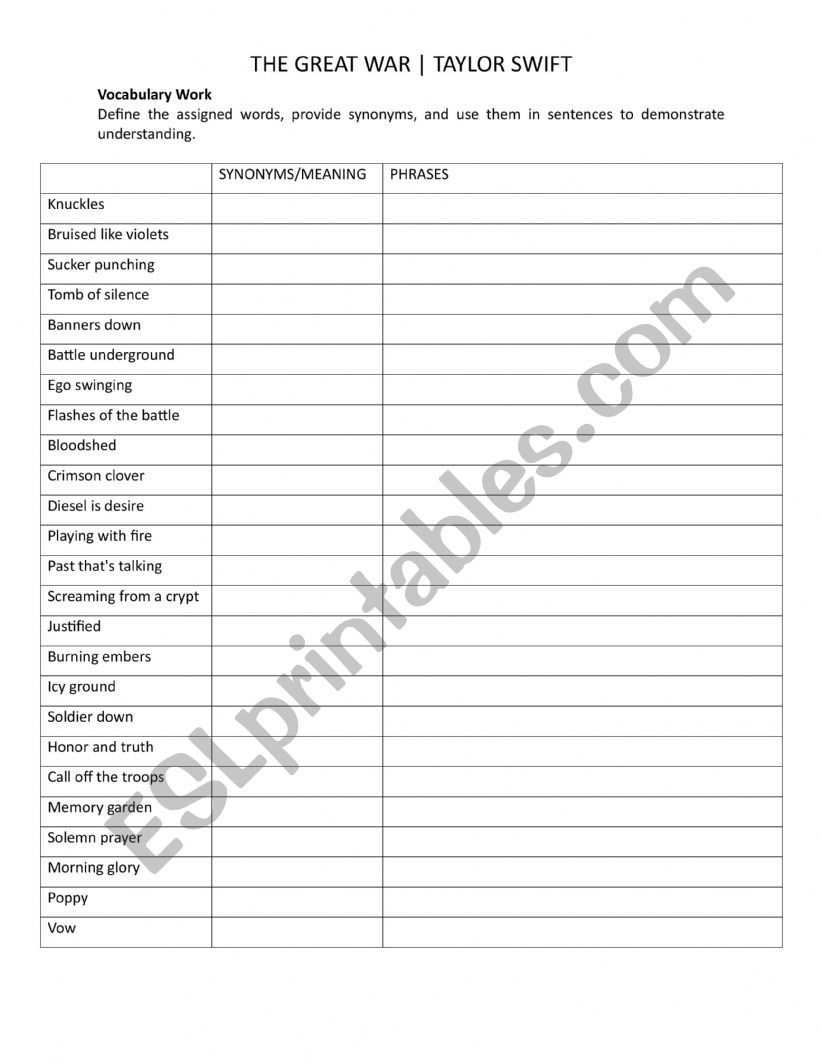 THE GREAT WAR - TAYLOR SWIFT worksheet