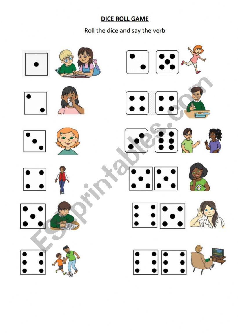 Basic Verbs dice roll game worksheet
