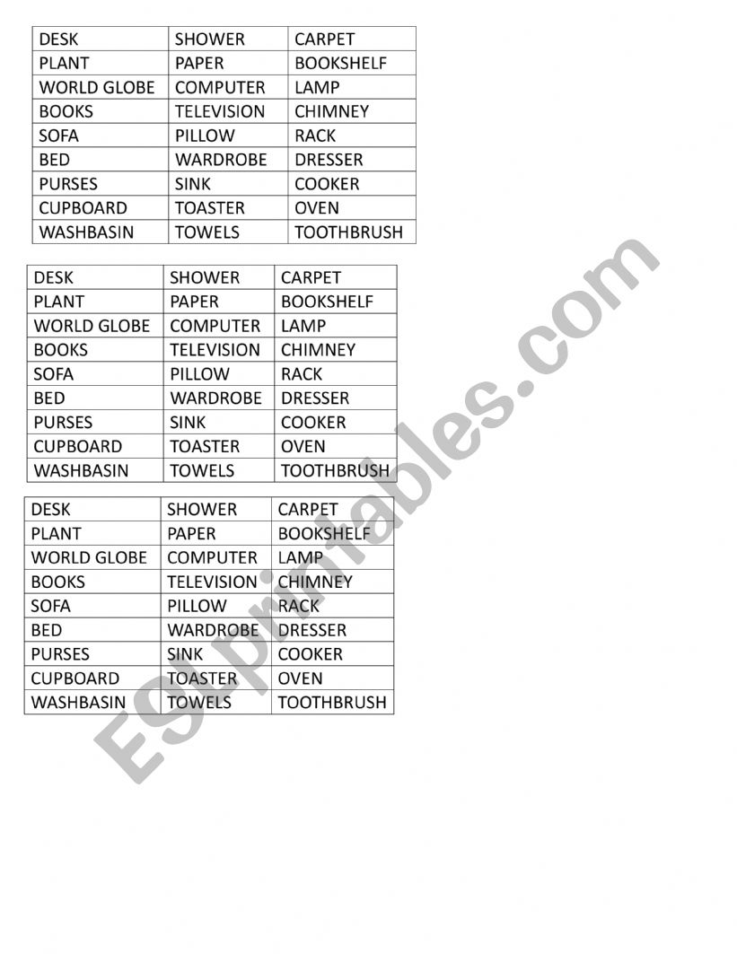 furniture worksheet