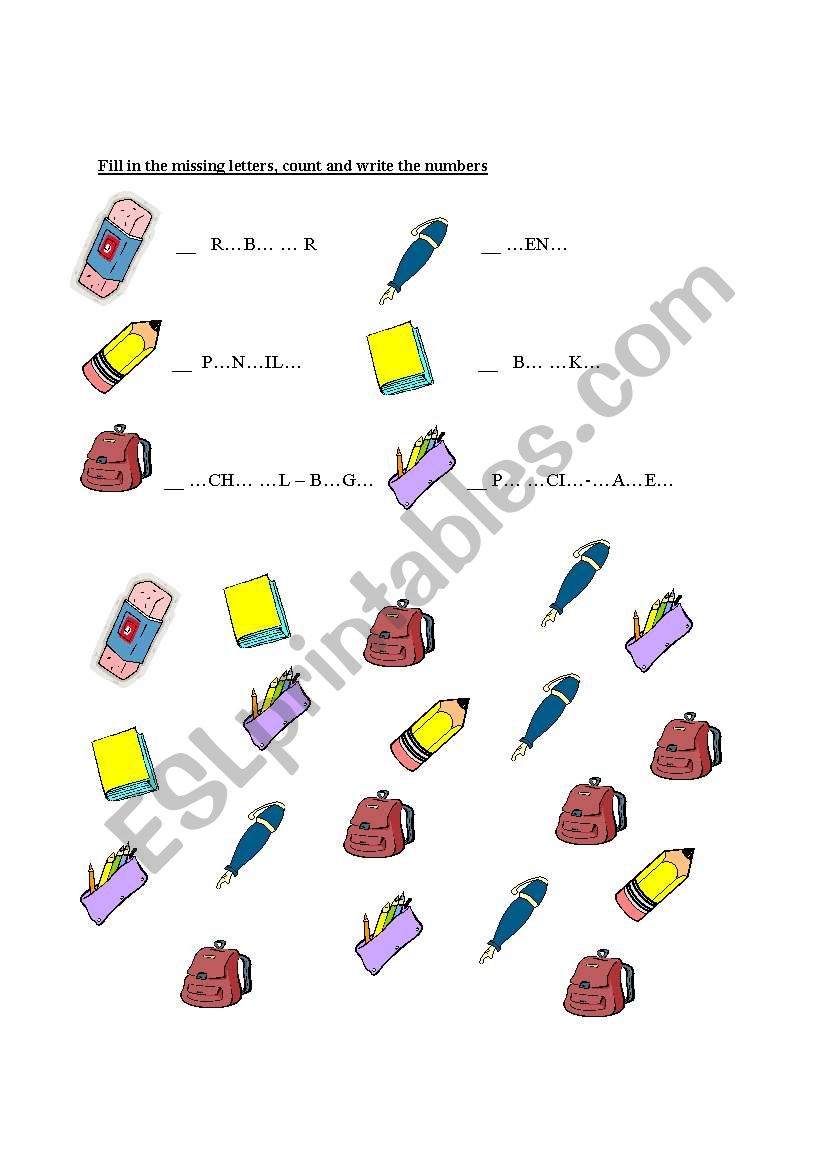 school objects worksheet