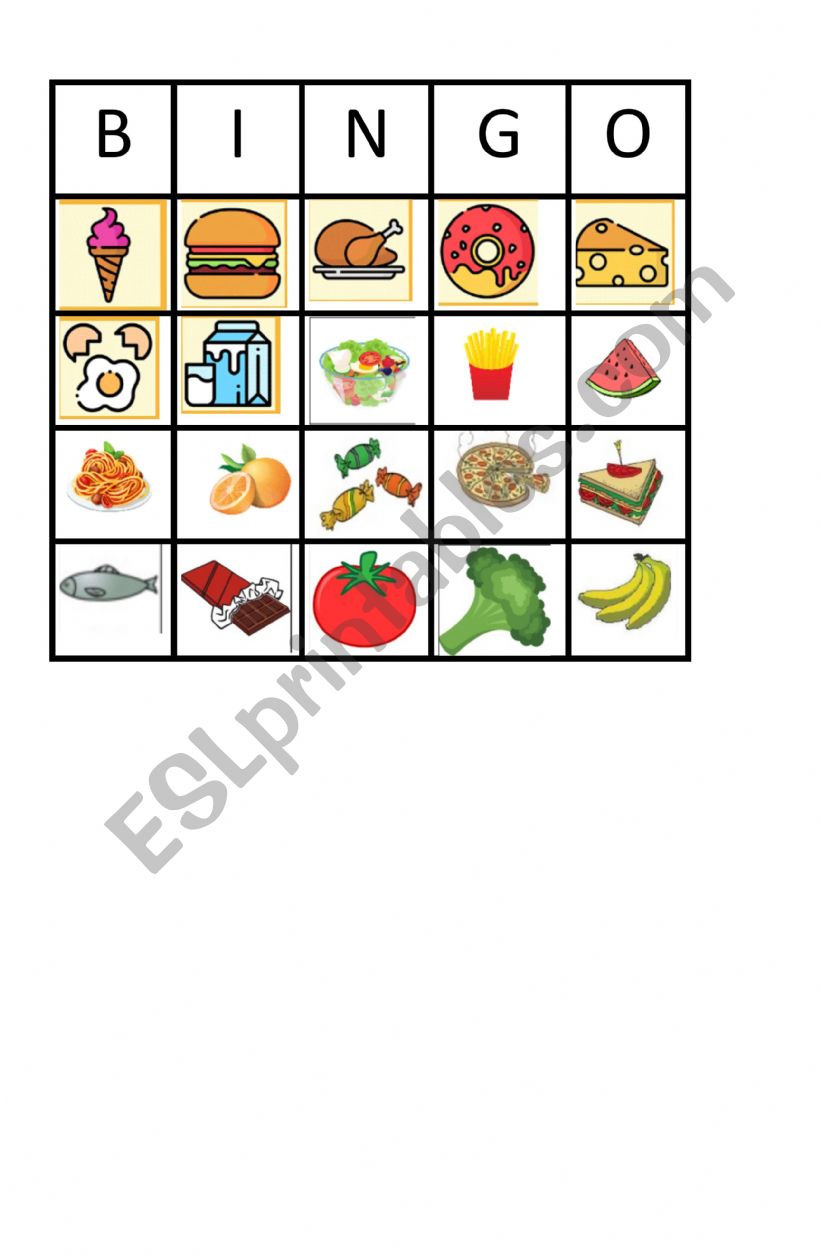 food bingo  worksheet
