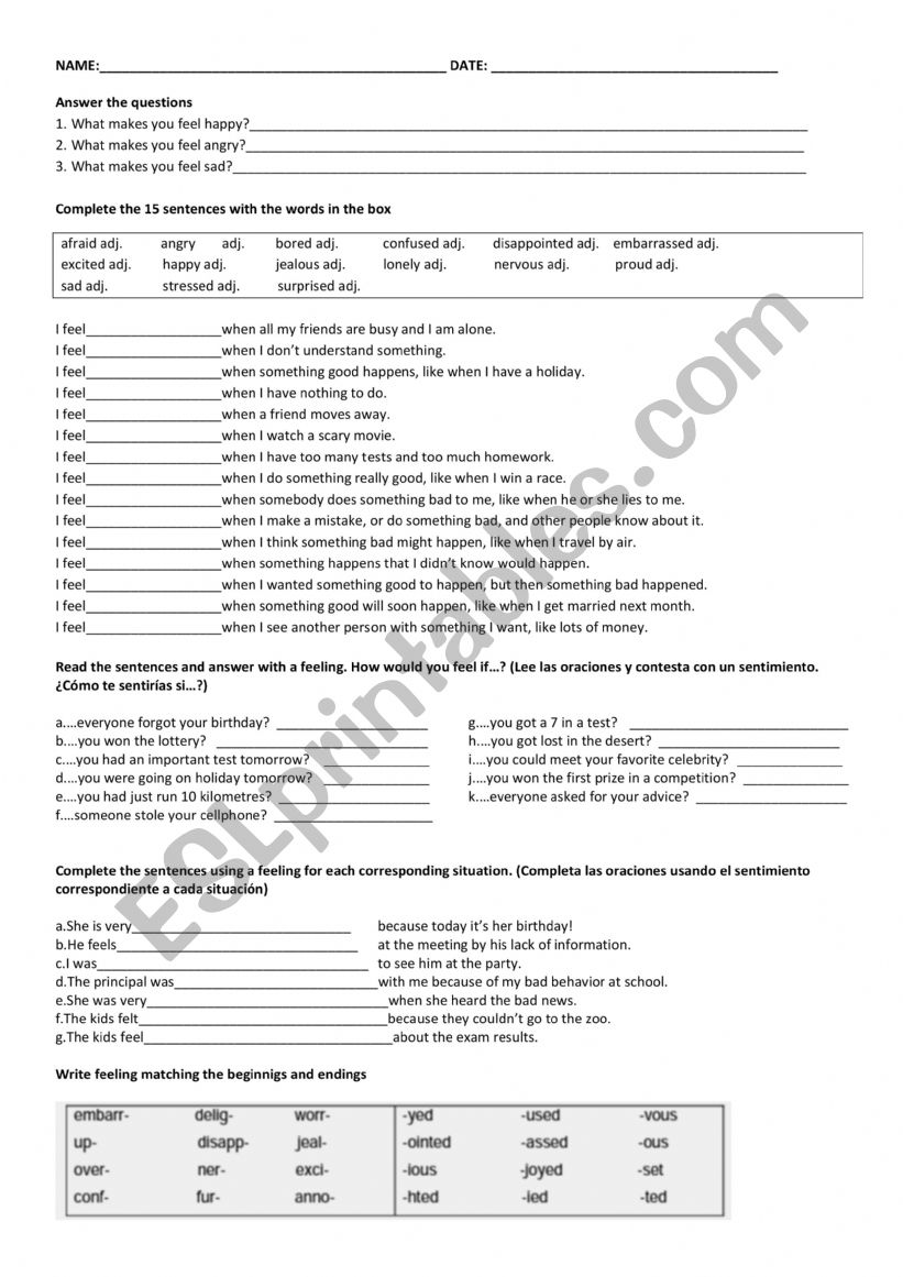 emotions and feelings worksheet