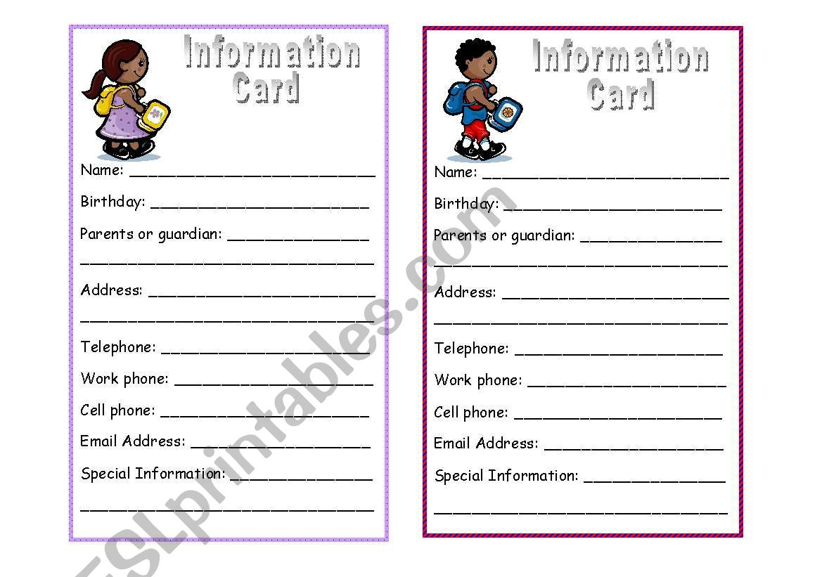 Information Card worksheet