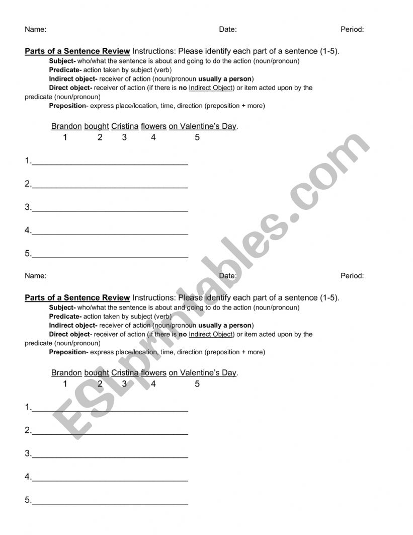 Parts of a Sentence worksheet