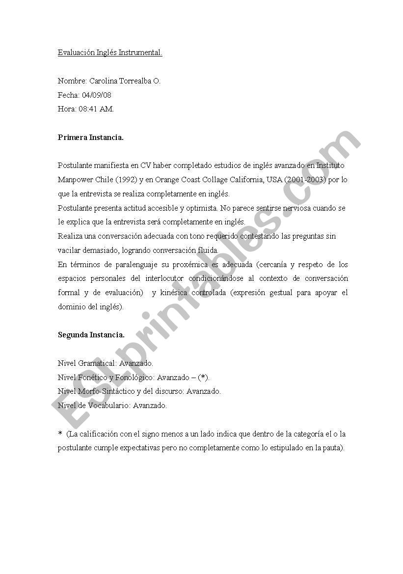 English Evaluation Report  worksheet