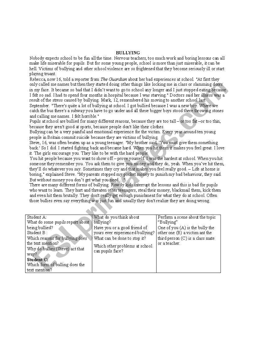 Bullying worksheet