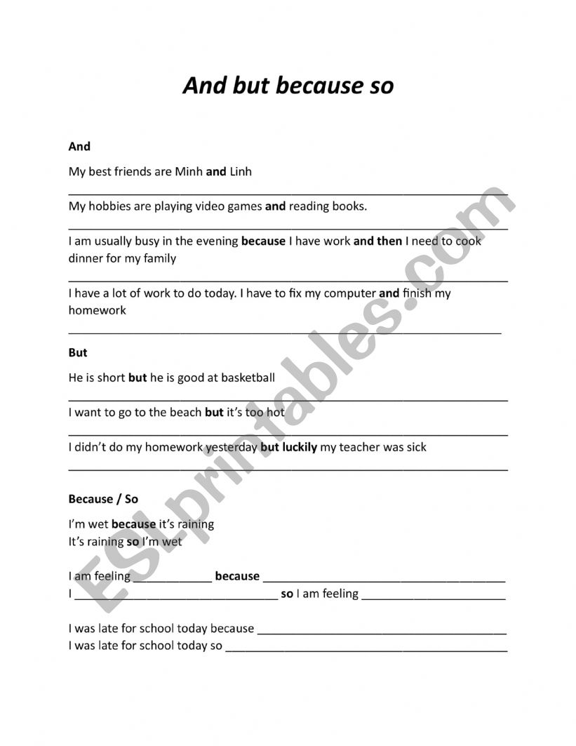 Using and but because so + use combinations in 1 sentence (with examples)