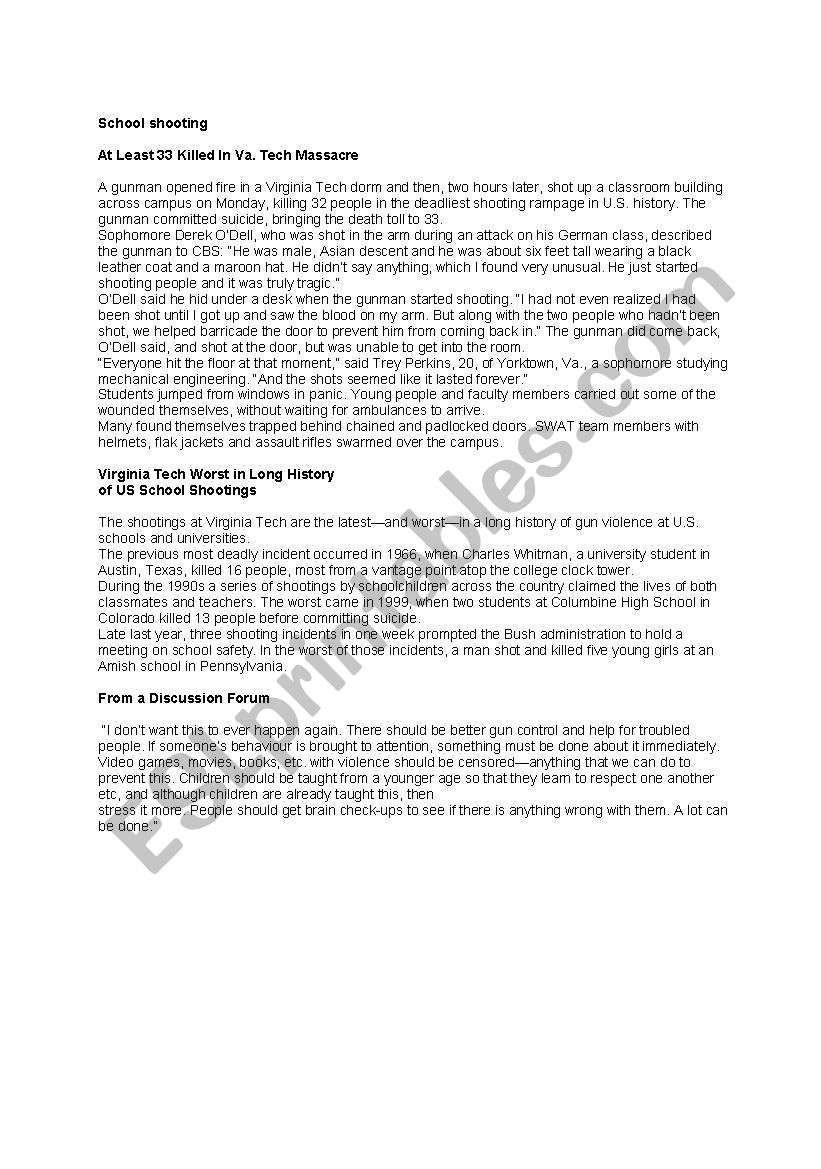 School shooting worksheet