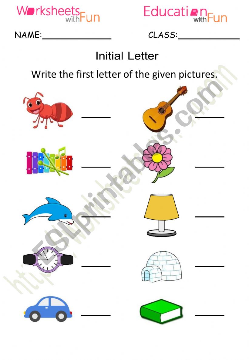 Initial Letter Write the first letter of the given pictures.
