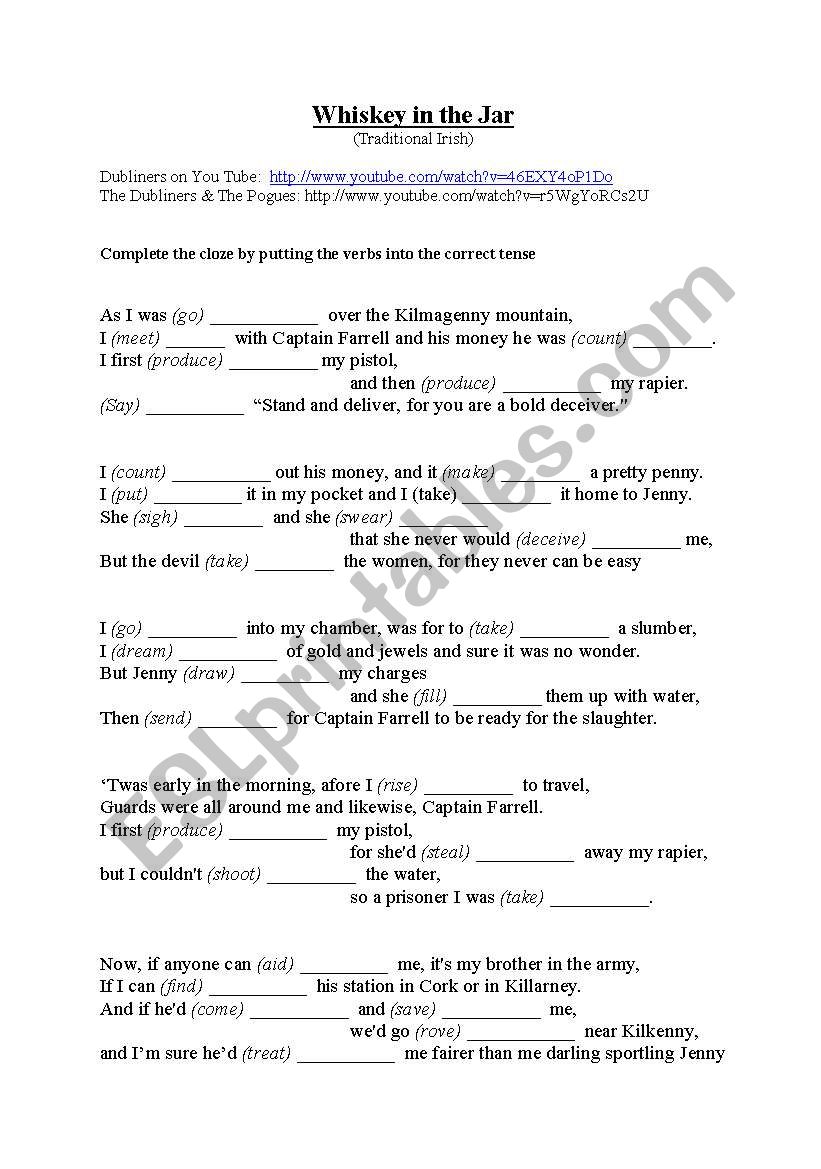 Whiskey In The Jar (Cloze) worksheet