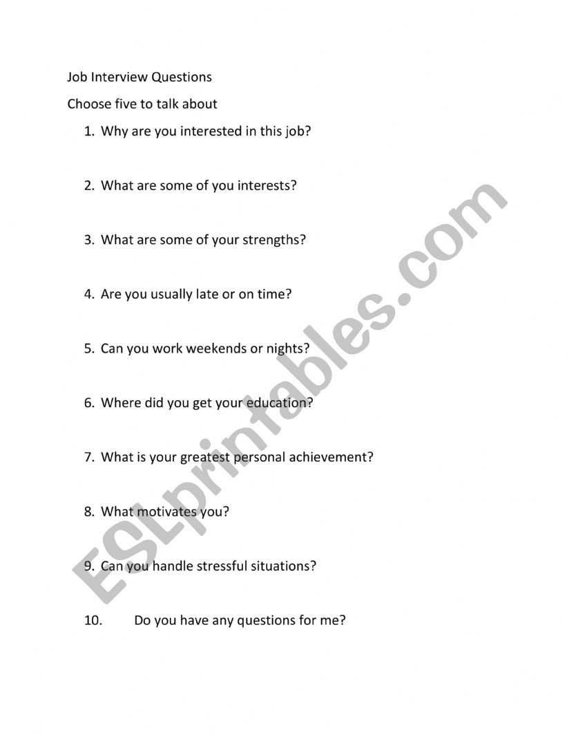 Job Interview Questions worksheet