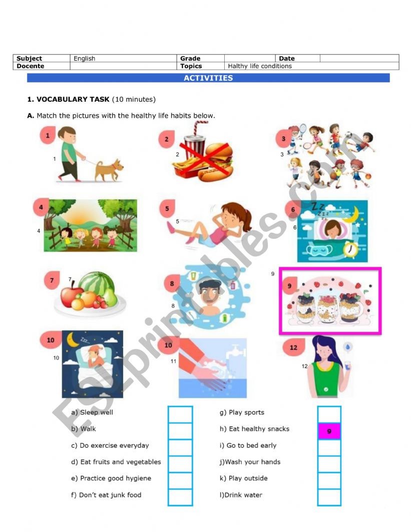 health and conditional 1 worksheet