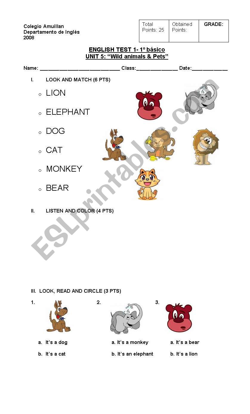 TEST ON WILD ANIMALS AND PETS worksheet