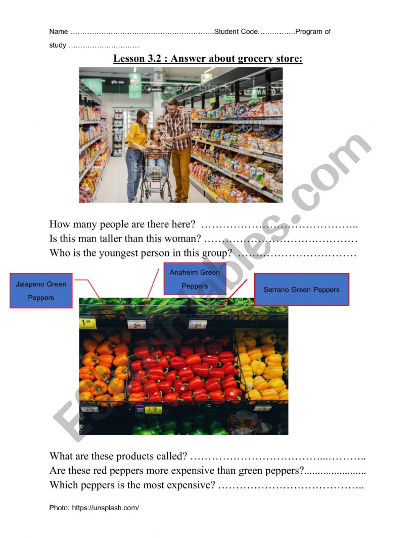 Answer about grocery store worksheet
