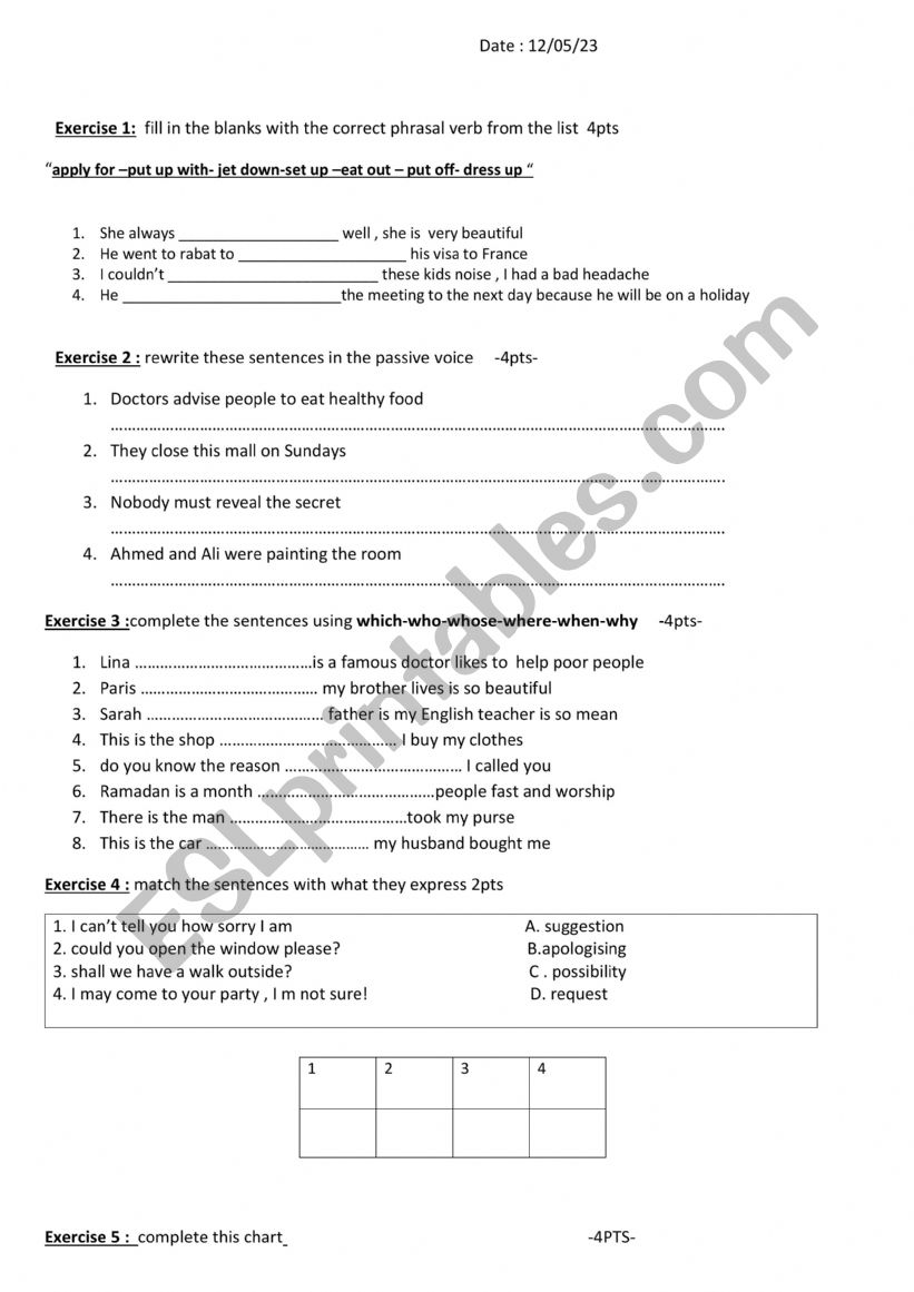 test 1st year bac  worksheet