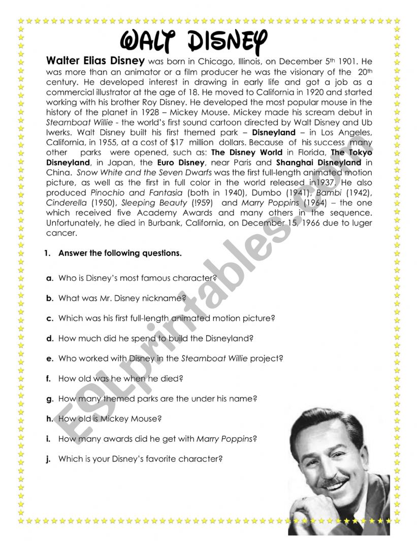 Walt Disney Short Biography worksheet