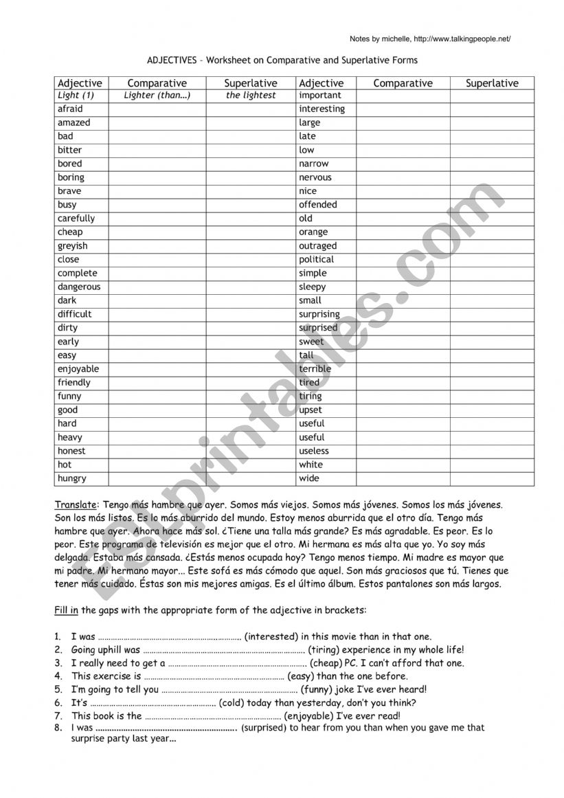 English worksheets Comparative and superlative adjectives