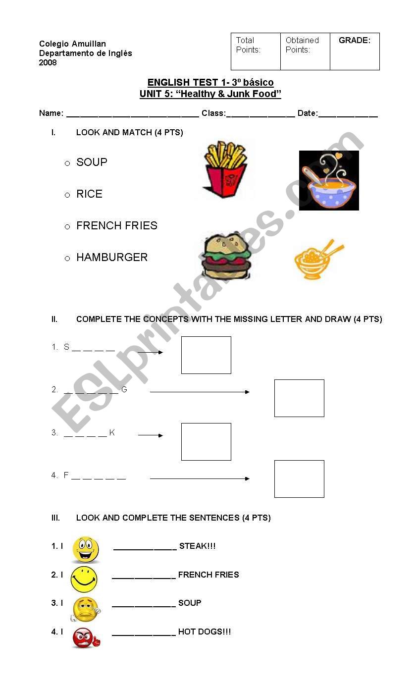 test on healthy and junk food, likes and dislikes