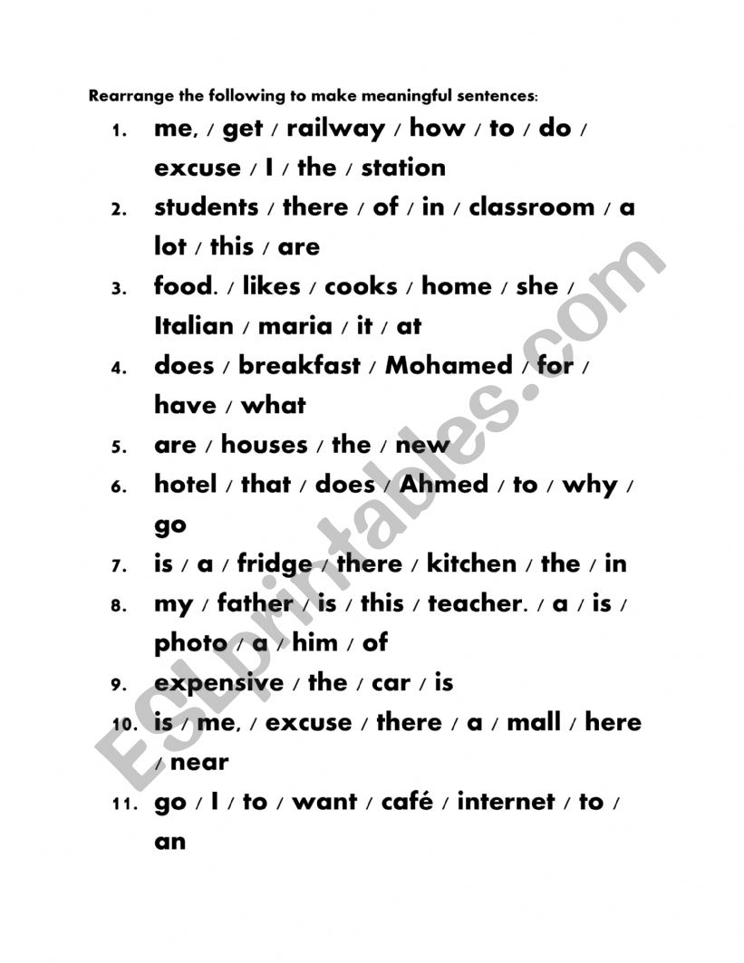 Sentence formation worksheet