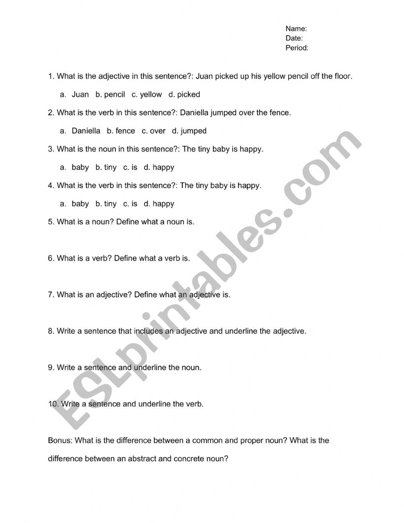 Nouns, Verbs, Adjectives Quiz worksheet