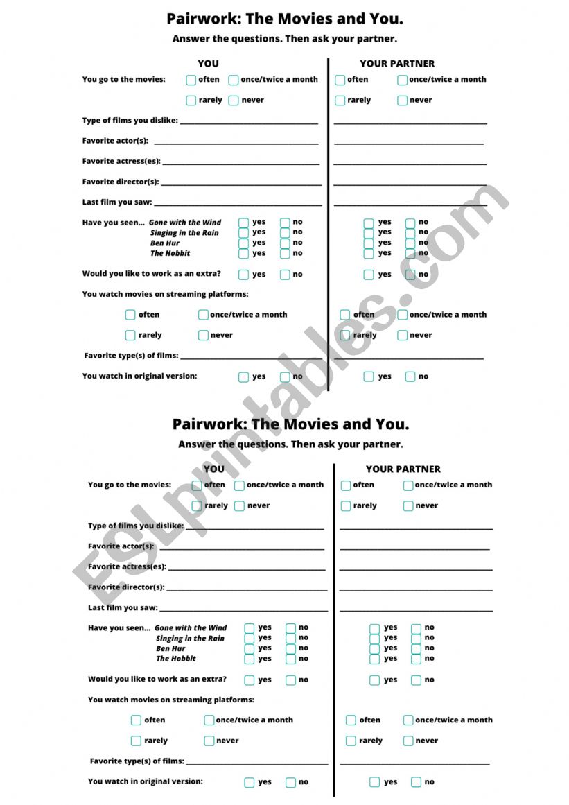 Pairwork The Movies and You worksheet