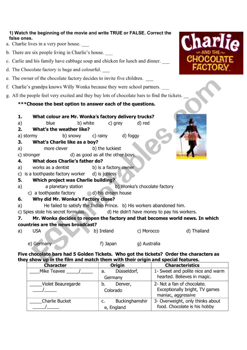 Charlie and  the chocolate factory movie worksheet
