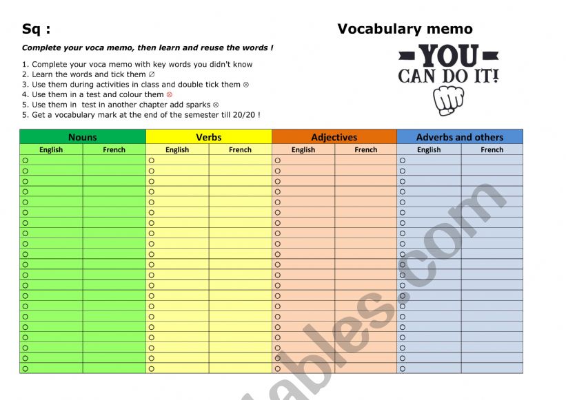 Vocabulary memo worksheet